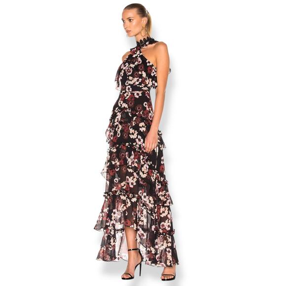 New w/Tag NICHOLAS silk floral ruffle tiered asymmetrical Goddess gown - Picture 4 of 17